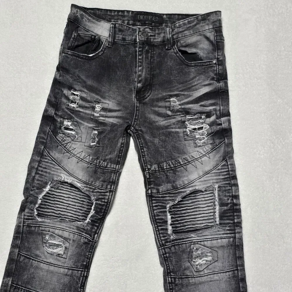 Encrypted Youth, Boys 18 Distressed Moto Biker Jeans Black Gray Acid Wash Pants